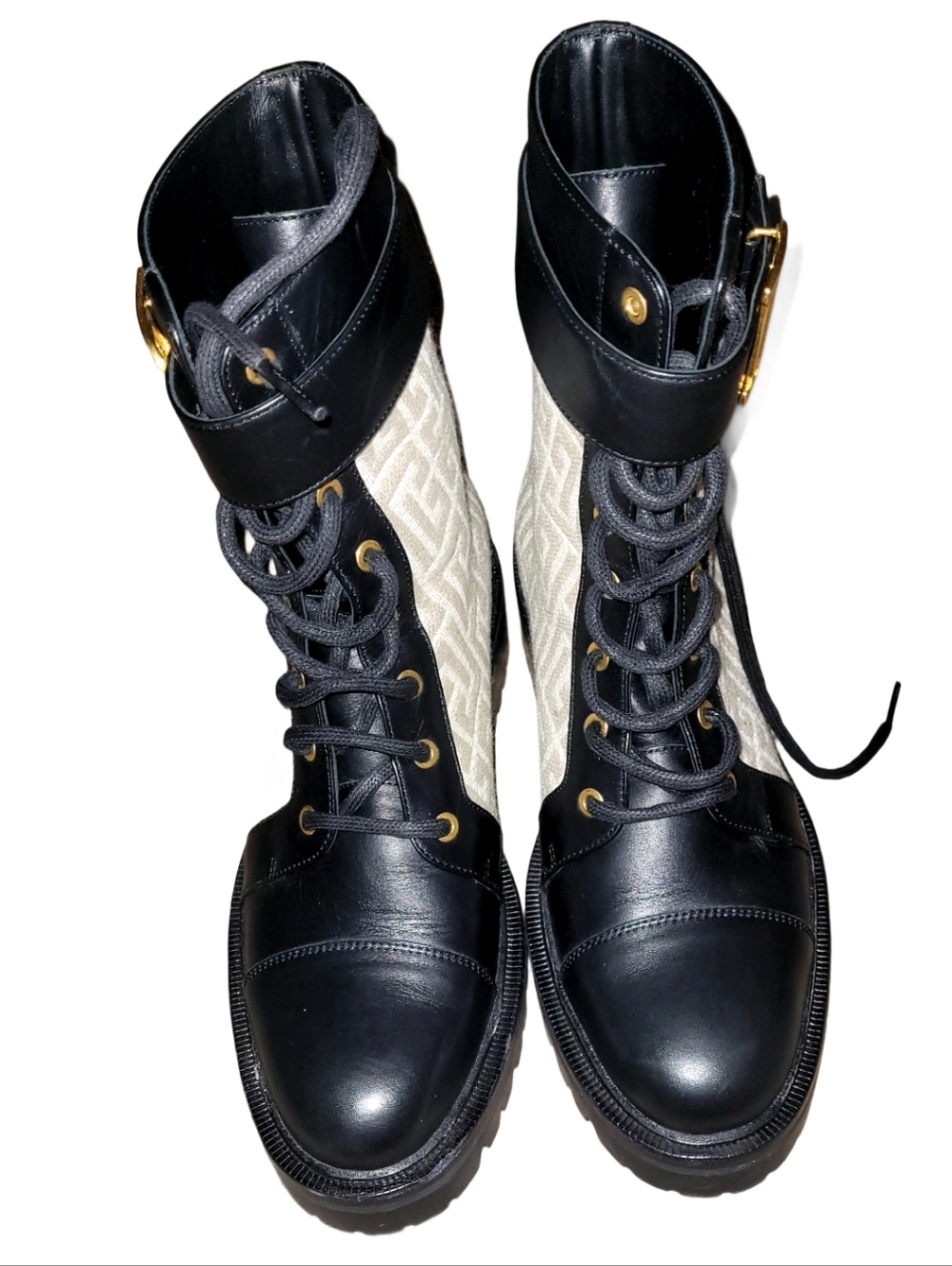Balmain Black Leather & Beige Monogram Combat Boot with Gold 'B' - Picture 4 of 10